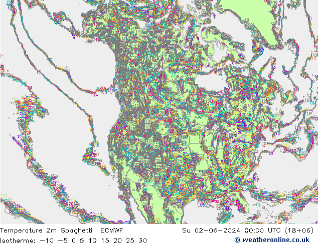 Temperature 2m Spaghetti ECMWF Su 02.06.2024 00 UTC