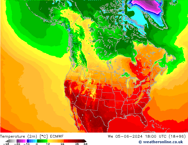 mapa temperatury (2m) ECMWF śro. 05.06.2024 18 UTC