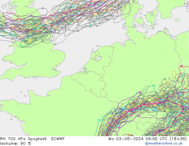 Humidité rel. 700 hPa Spaghetti ECMWF lun 03.06.2024 06 UTC