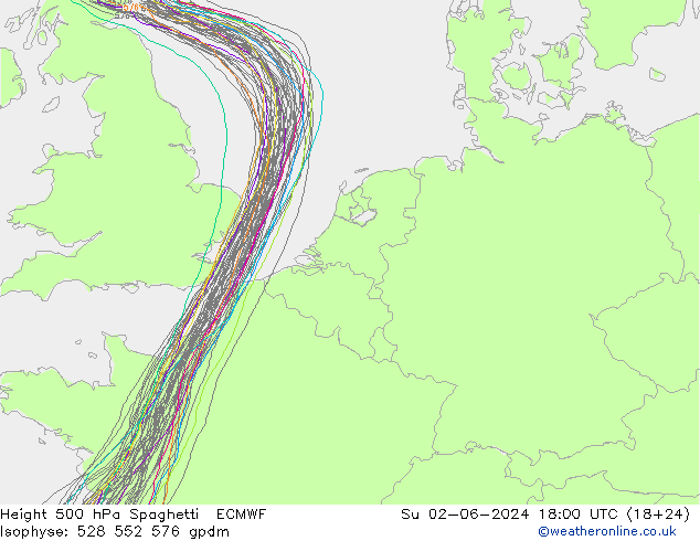 Hoogte 500 hPa Spaghetti ECMWF zo 02.06.2024 18 UTC
