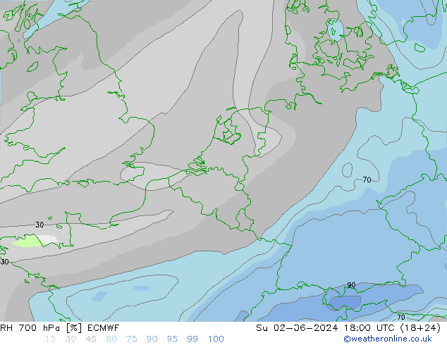 RH 700 hPa ECMWF Su 02.06.2024 18 UTC