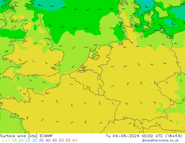 wiatr 10 m ECMWF wto. 04.06.2024 00 UTC