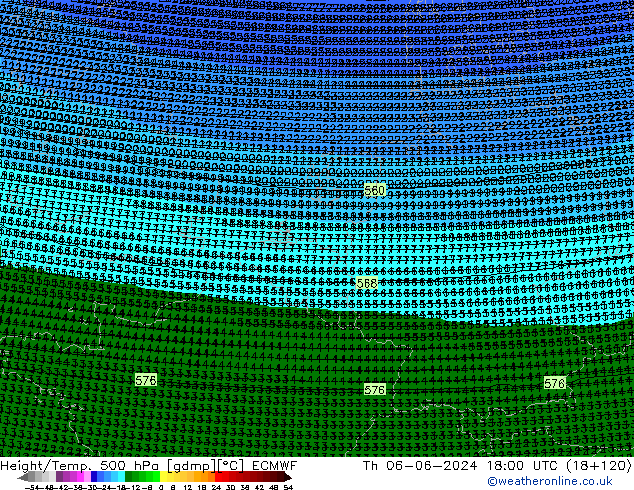 Height/Temp. 500 hPa ECMWF gio 06.06.2024 18 UTC