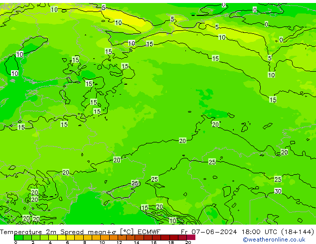 Temperatura 2m Spread ECMWF Sex 07.06.2024 18 UTC