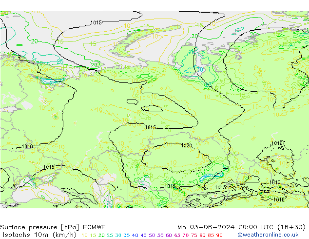 Isotachs (kph) ECMWF Mo 03.06.2024 00 UTC