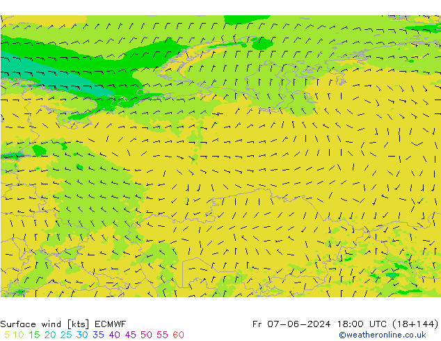 Viento 10 m ECMWF vie 07.06.2024 18 UTC