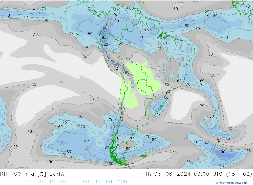 RH 700 гПа ECMWF чт 06.06.2024 00 UTC