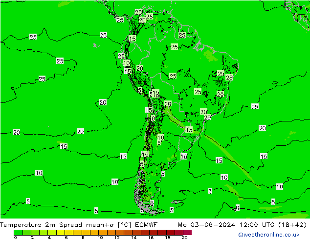 Temperature 2m Spread ECMWF Mo 03.06.2024 12 UTC