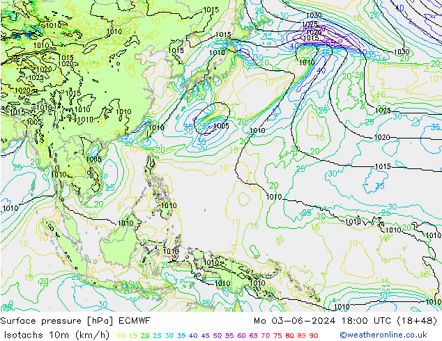 Eşrüzgar Hızları (km/sa) ECMWF Pzt 03.06.2024 18 UTC