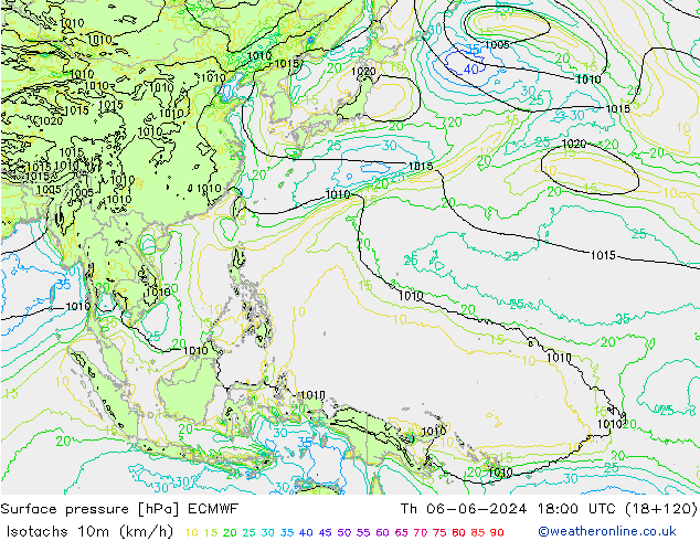 Isotachs (kph) ECMWF Th 06.06.2024 18 UTC