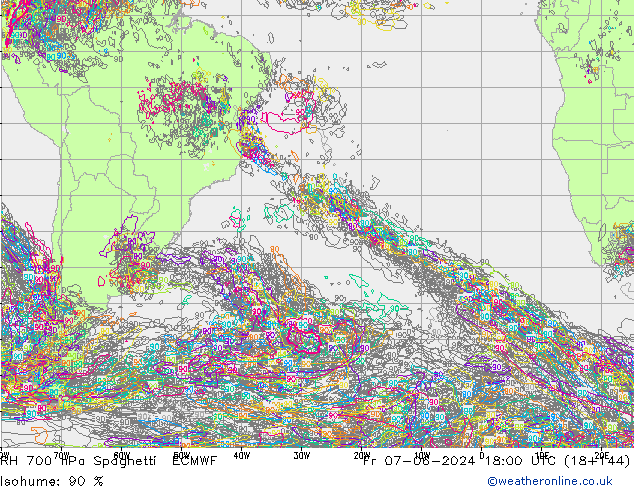 RH 700 hPa Spaghetti ECMWF  07.06.2024 18 UTC