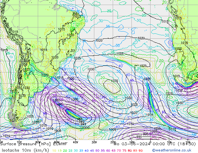 Isotachen (km/h) ECMWF Mo 03.06.2024 00 UTC