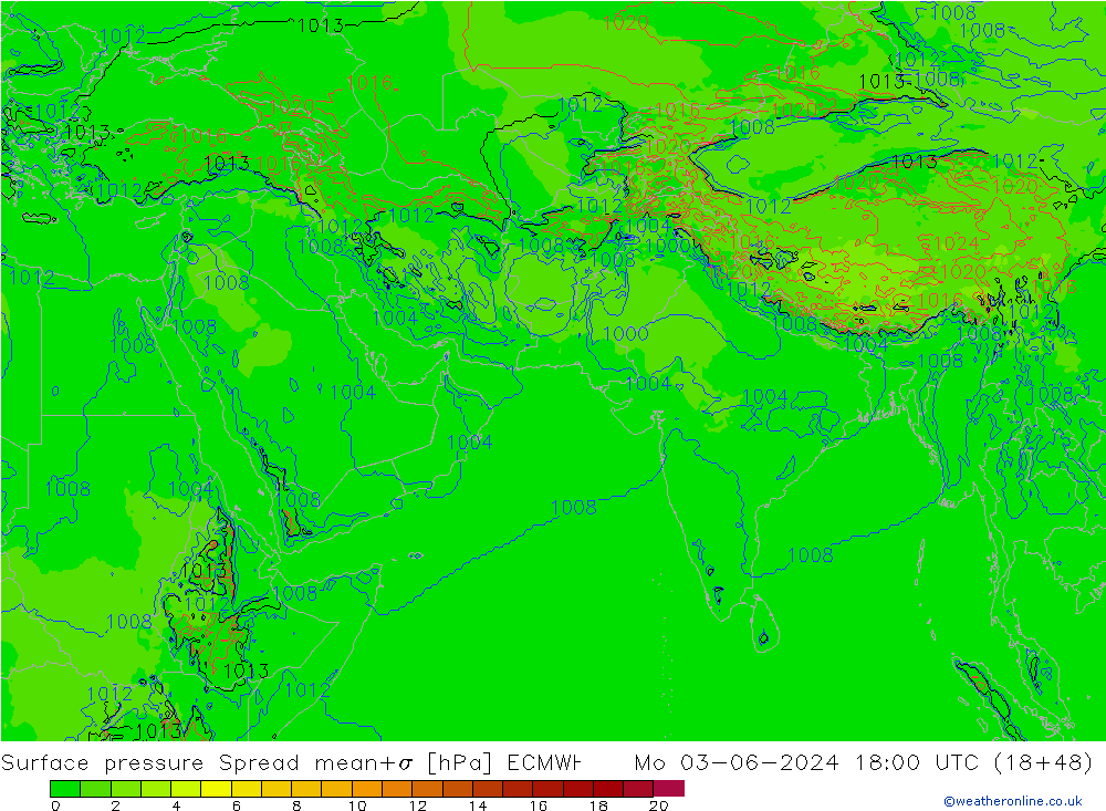 Surface pressure Spread ECMWF Mo 03.06.2024 18 UTC