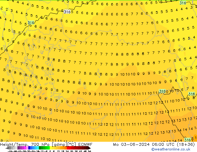 Height/Temp. 700 hPa ECMWF  03.06.2024 06 UTC