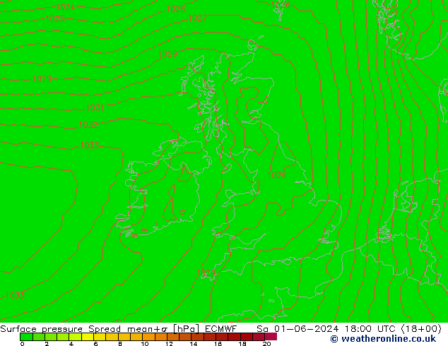 Pressione al suolo Spread ECMWF sab 01.06.2024 18 UTC