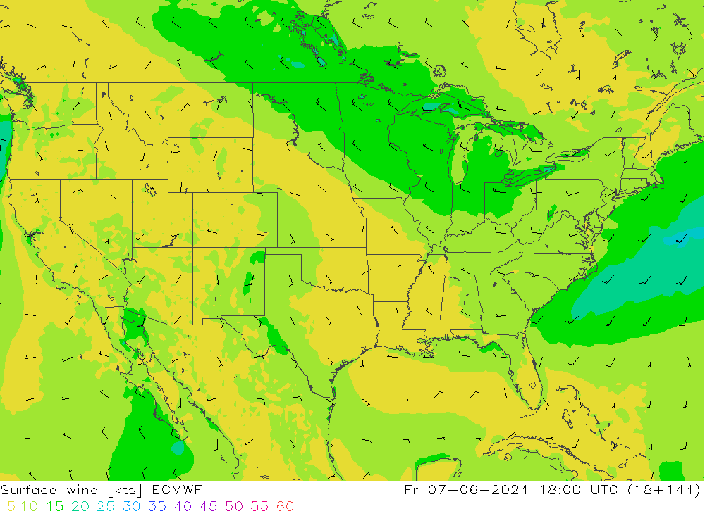 ветер 10 m ECMWF пт 07.06.2024 18 UTC