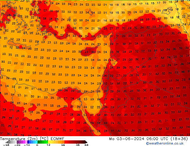 Sıcaklık Haritası (2m) ECMWF Pzt 03.06.2024 06 UTC