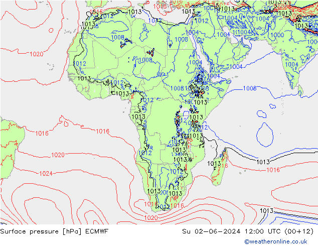 Atmosférický tlak ECMWF Ne 02.06.2024 12 UTC