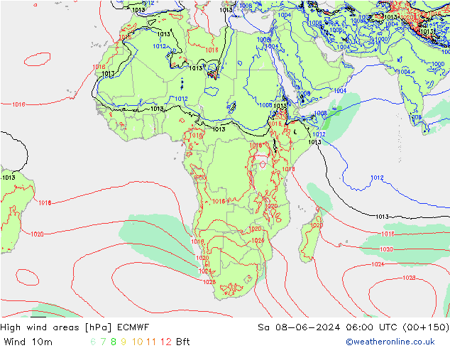 High wind areas ECMWF sáb 08.06.2024 06 UTC