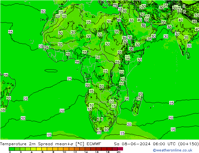 Temperature 2m Spread ECMWF Sa 08.06.2024 06 UTC
