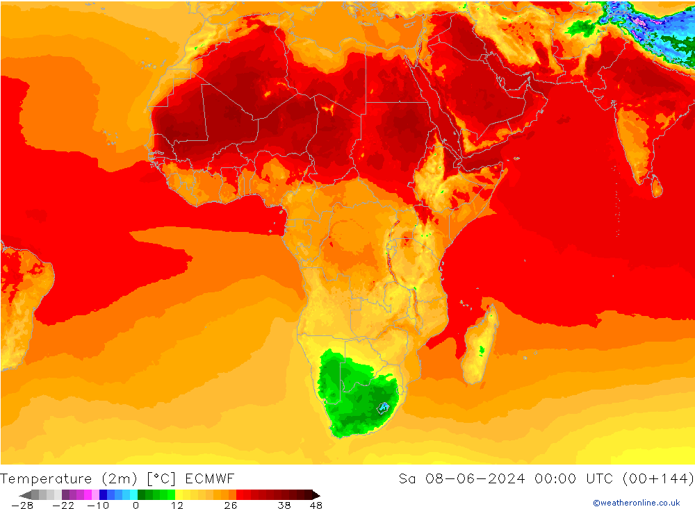 mapa temperatury (2m) ECMWF so. 08.06.2024 00 UTC