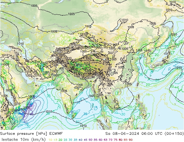 Isotachs (kph) ECMWF Sa 08.06.2024 06 UTC