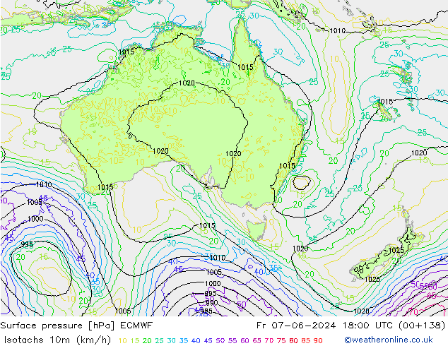 Isotachs (kph) ECMWF Fr 07.06.2024 18 UTC