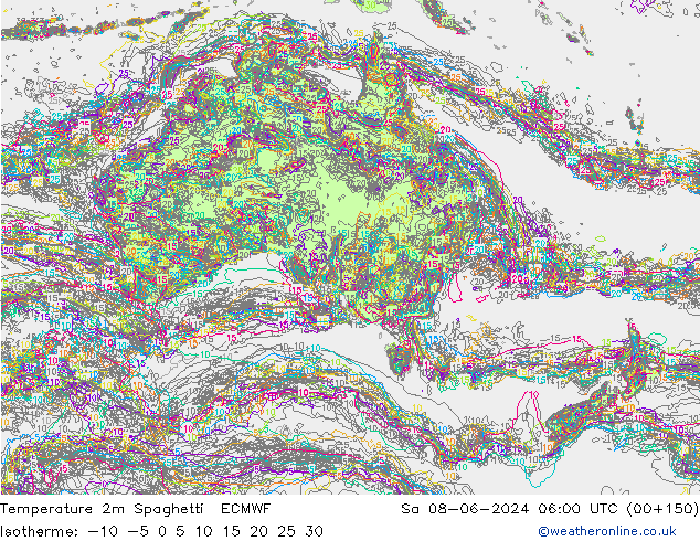 Temperature 2m Spaghetti ECMWF Sa 08.06.2024 06 UTC