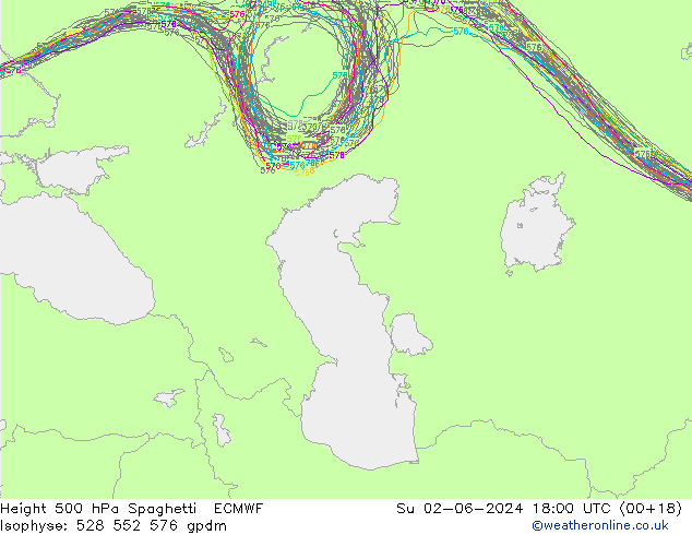 Height 500 гПа Spaghetti ECMWF Вс 02.06.2024 18 UTC