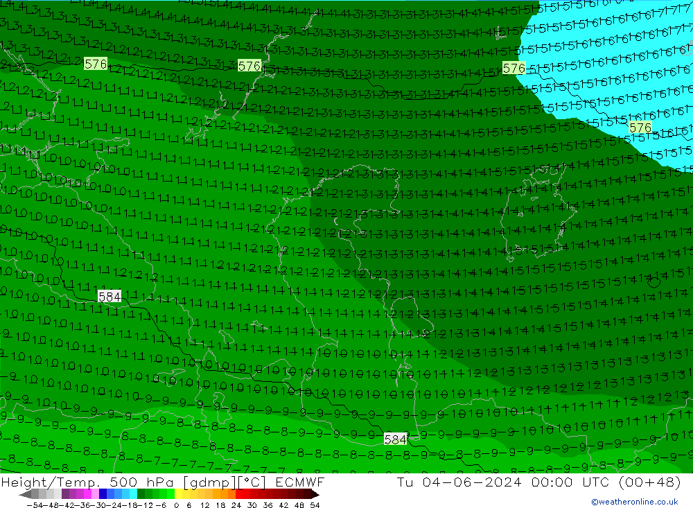 Height/Temp. 500 hPa ECMWF Tu 04.06.2024 00 UTC