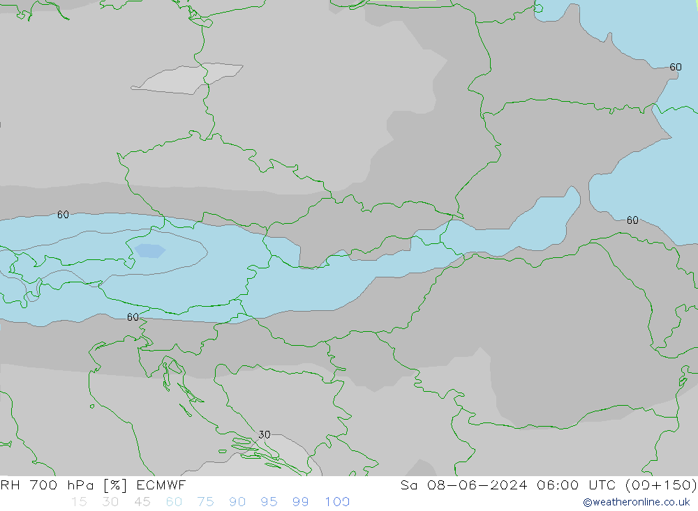 Humedad rel. 700hPa ECMWF sáb 08.06.2024 06 UTC