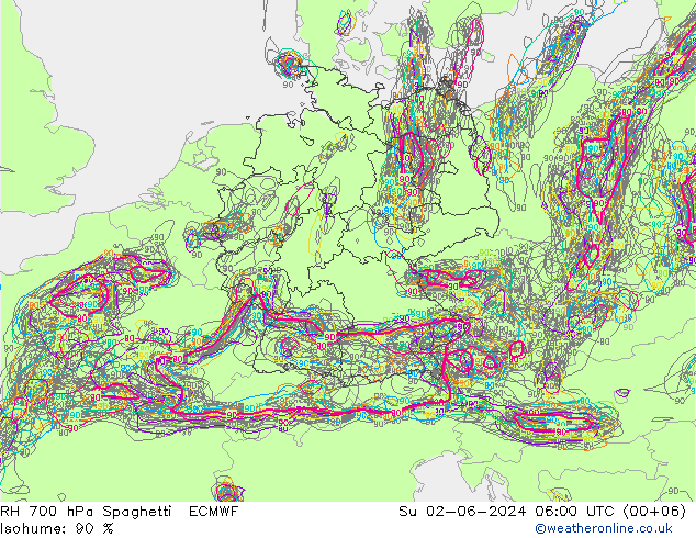 RH 700 hPa Spaghetti ECMWF nie. 02.06.2024 06 UTC