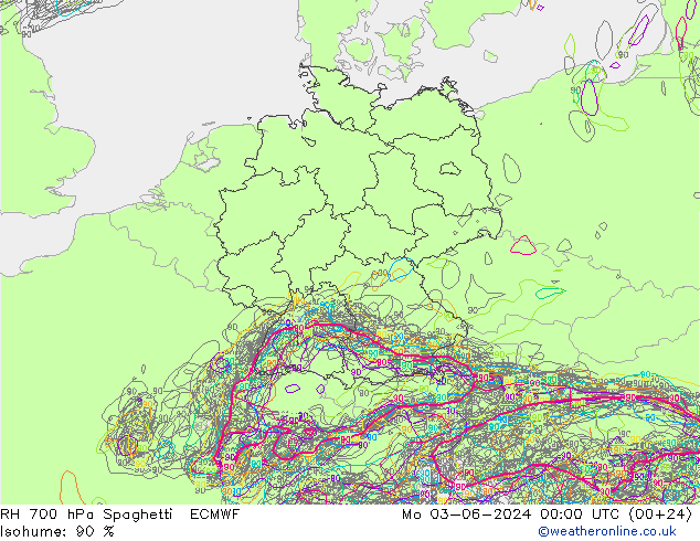 RH 700 hPa Spaghetti ECMWF Mo 03.06.2024 00 UTC