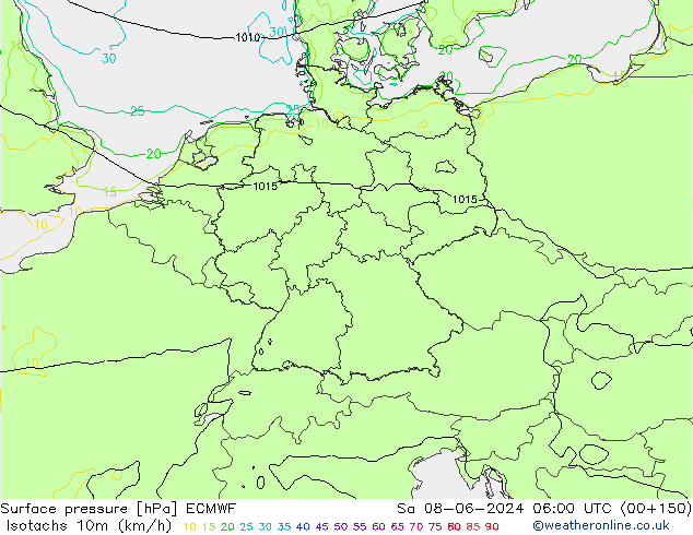 Isotachs (kph) ECMWF сб 08.06.2024 06 UTC