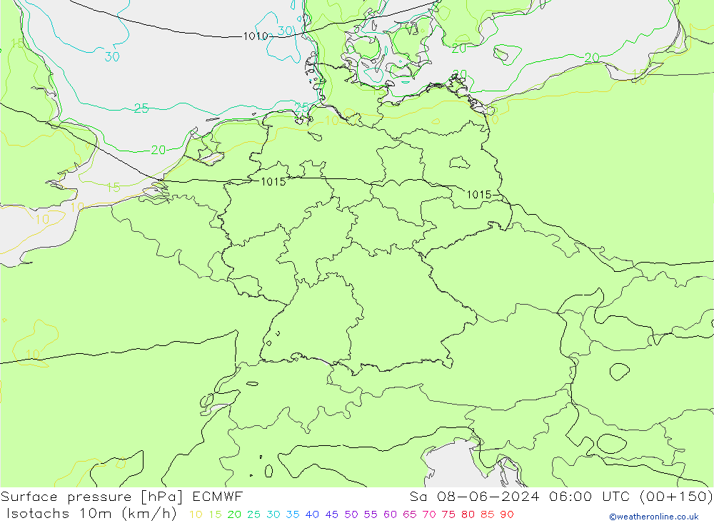 Isotachs (kph) ECMWF sab 08.06.2024 06 UTC