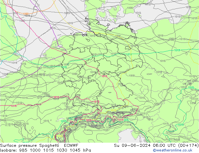 Luchtdruk op zeeniveau Spaghetti ECMWF zo 09.06.2024 06 UTC