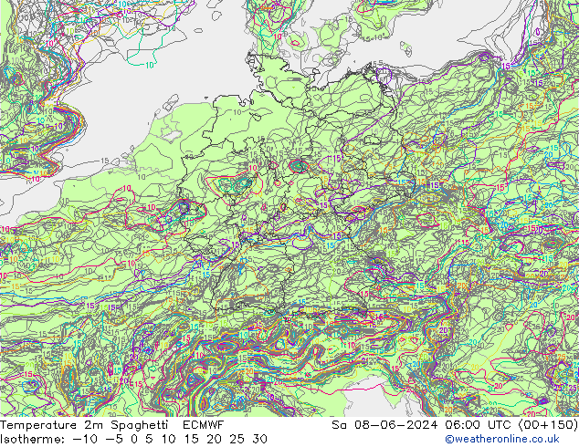 карта температуры Spaghetti ECMWF сб 08.06.2024 06 UTC