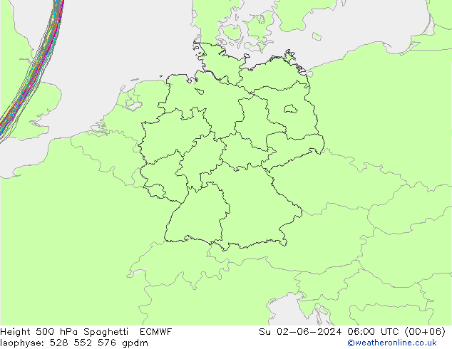 Height 500 hPa Spaghetti ECMWF Su 02.06.2024 06 UTC