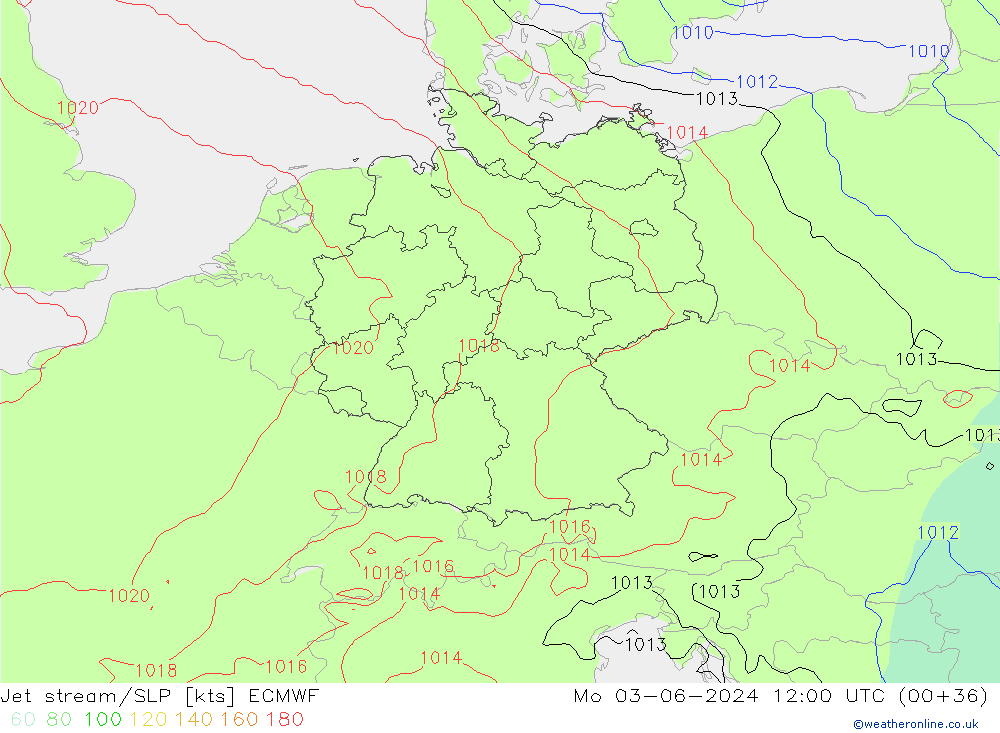 Jet stream/SLP ECMWF Mo 03.06.2024 12 UTC