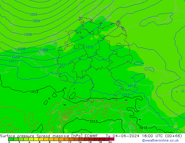 Surface pressure Spread ECMWF Tu 04.06.2024 18 UTC