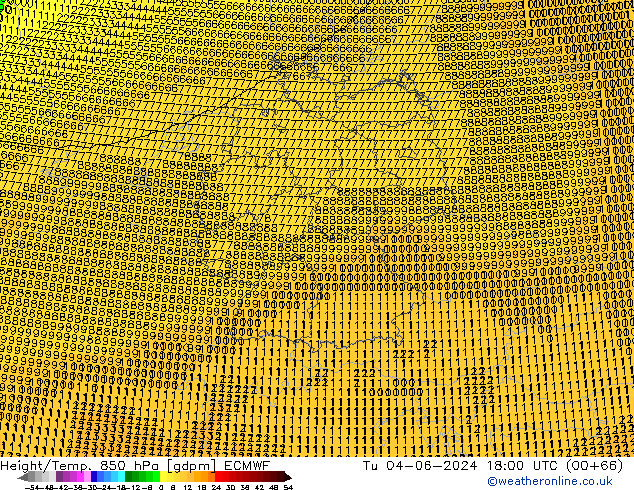 Height/Temp. 850 hPa ECMWF Tu 04.06.2024 18 UTC