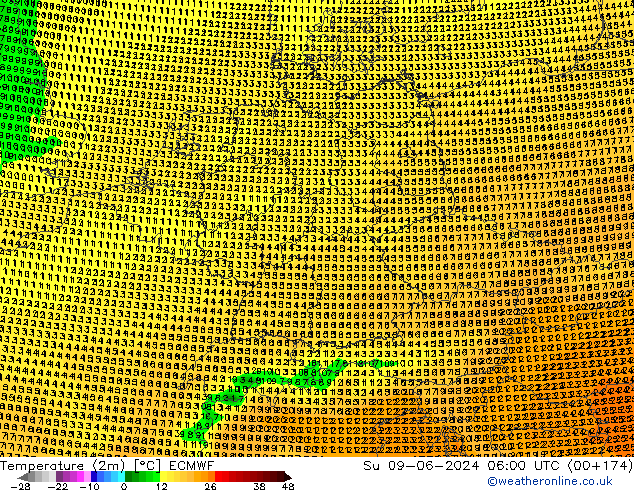 mapa temperatury (2m) ECMWF nie. 09.06.2024 06 UTC