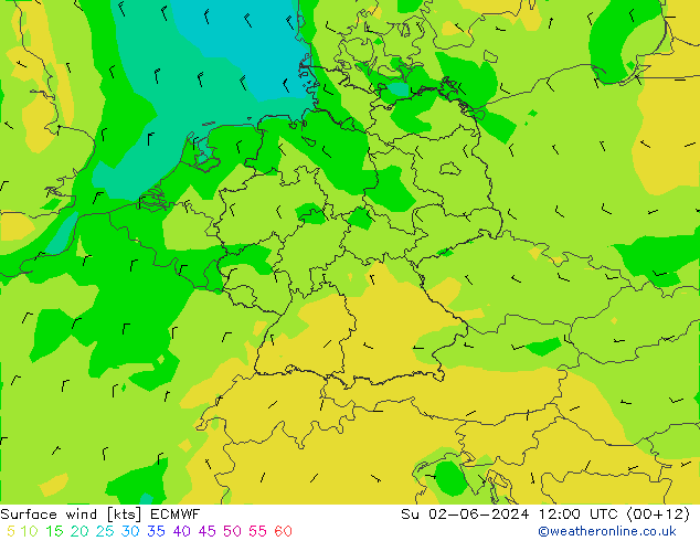 wiatr 10 m ECMWF nie. 02.06.2024 12 UTC