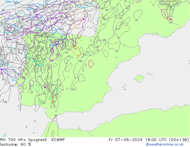 RH 700 hPa Spaghetti ECMWF Sex 07.06.2024 18 UTC