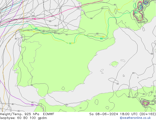 Height/Temp. 925 hPa ECMWF Sa 08.06.2024 18 UTC