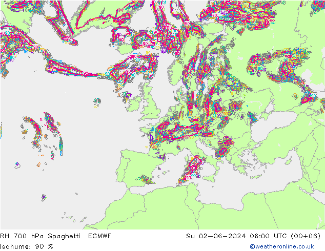 RH 700 hPa Spaghetti ECMWF nie. 02.06.2024 06 UTC