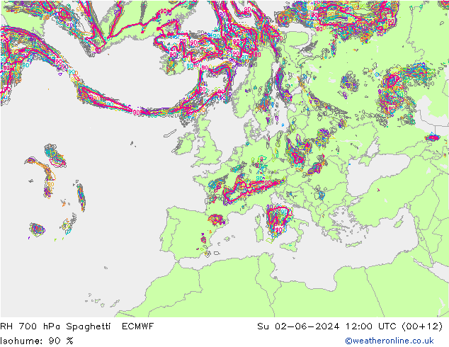 Humedad rel. 700hPa Spaghetti ECMWF dom 02.06.2024 12 UTC