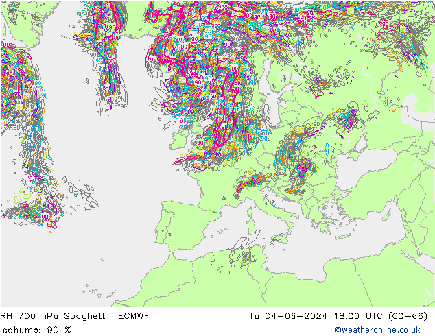 RH 700 hPa Spaghetti ECMWF Di 04.06.2024 18 UTC