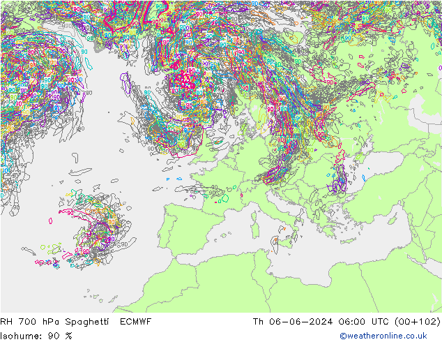 RH 700 hPa Spaghetti ECMWF Čt 06.06.2024 06 UTC
