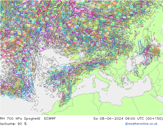 RH 700 гПа Spaghetti ECMWF сб 08.06.2024 06 UTC